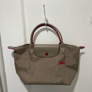 Authentic Longchamp Small Le Pliage Club Bag Taupe/Red (Limited Edition)